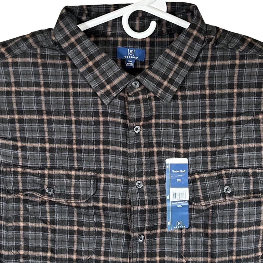 George Mens 3XL Super Soft Flannel Shirt Black Soot Brown Check Plaid New